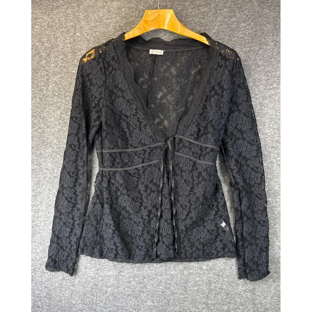 Free People Intimately Daylight Cardi Lace Romantic Top Size L Blk Floral Sheer